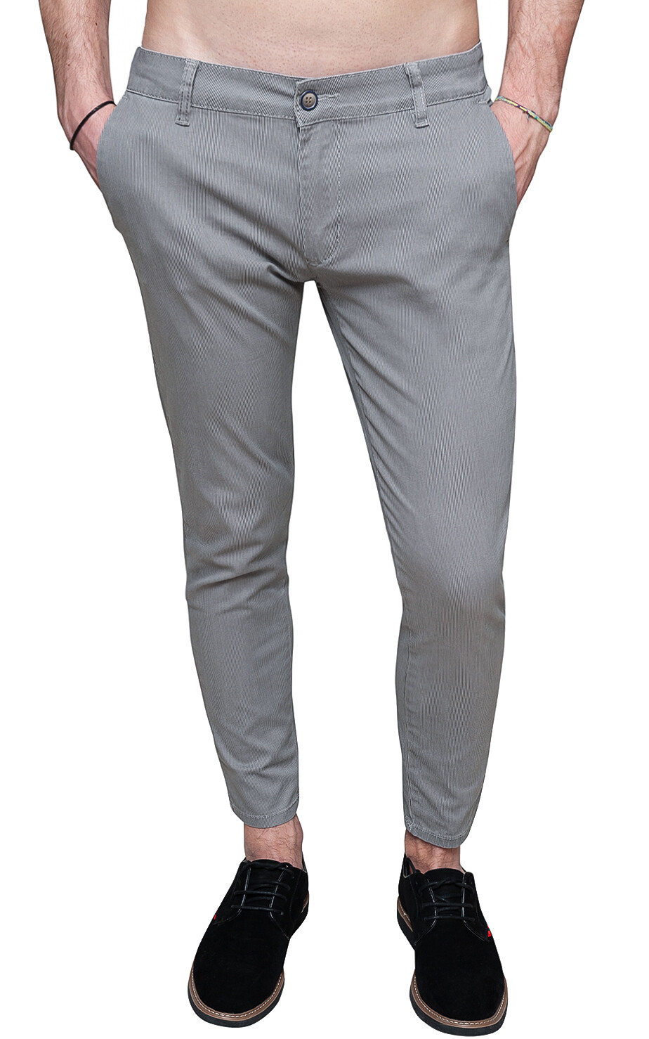 PANTALONI UOMO DIAMOND mod. CAPRI GRIGIO RIGATO CASUAL ESTIVO SLIM FIT IN  COTONE